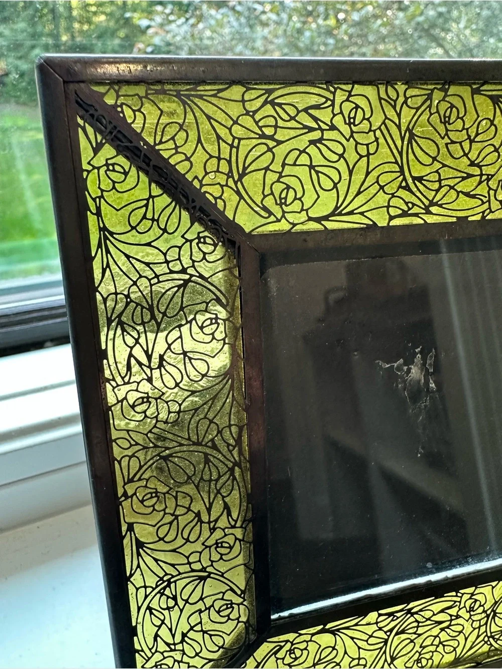 Vintage Studio Yellow Stained Glass Picture Frame Etched Metal Roses Metal Trim